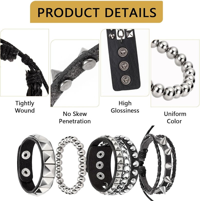 JOLYEAK Punk Leather Rivets Bracelets Punk Rock Leather Studded Bracelets 80s Wristband Emo Gothic Spike Cuff Bracelet Set for Men Women Rocker Outfits Skull Bracelet - Image 4